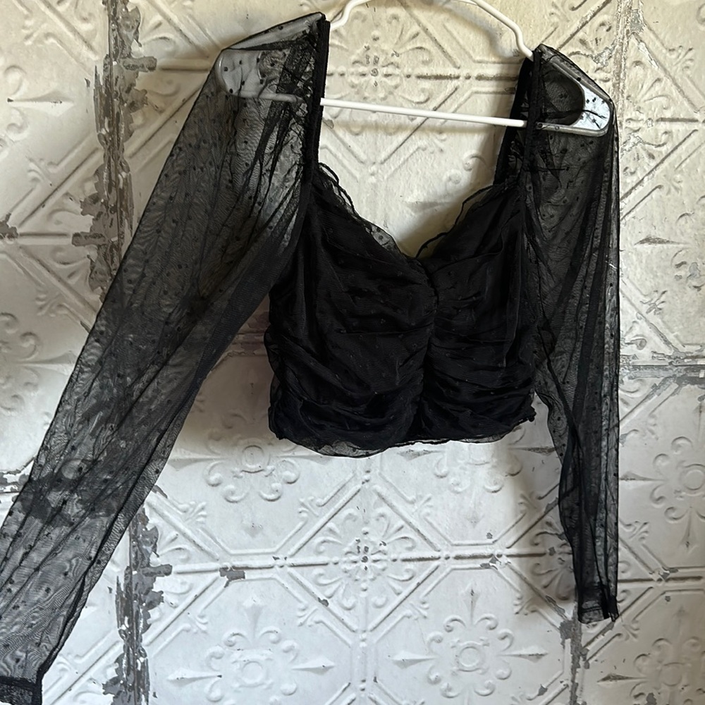 Polka dot lace mesh crop top